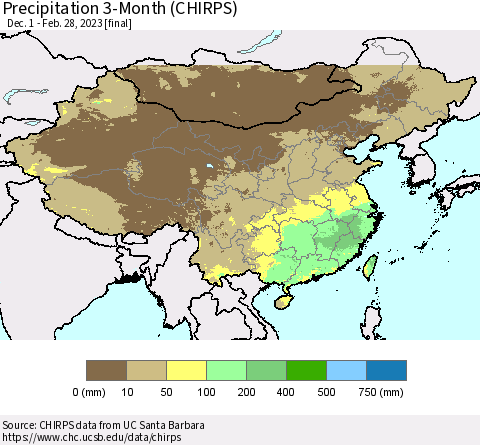 China, Mongolia and Taiwan Precipitation 3-Month (CHIRPS) Thematic Map For 12/1/2022 - 2/28/2023