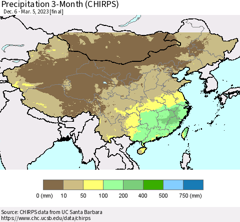 China, Mongolia and Taiwan Precipitation 3-Month (CHIRPS) Thematic Map For 12/6/2022 - 3/5/2023