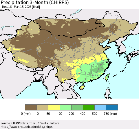 China, Mongolia and Taiwan Precipitation 3-Month (CHIRPS) Thematic Map For 12/16/2022 - 3/15/2023