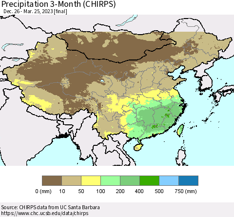 China, Mongolia and Taiwan Precipitation 3-Month (CHIRPS) Thematic Map For 12/26/2022 - 3/25/2023