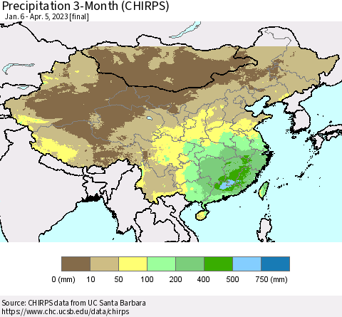 China, Mongolia and Taiwan Precipitation 3-Month (CHIRPS) Thematic Map For 1/6/2023 - 4/5/2023