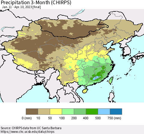 China, Mongolia and Taiwan Precipitation 3-Month (CHIRPS) Thematic Map For 1/11/2023 - 4/10/2023