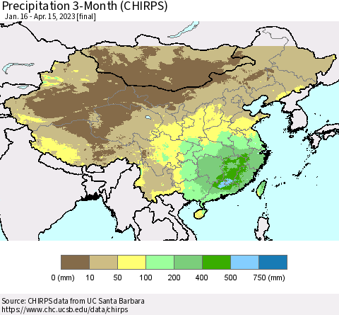 China, Mongolia and Taiwan Precipitation 3-Month (CHIRPS) Thematic Map For 1/16/2023 - 4/15/2023