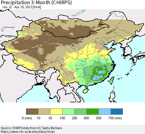 China, Mongolia and Taiwan Precipitation 3-Month (CHIRPS) Thematic Map For 1/21/2023 - 4/20/2023