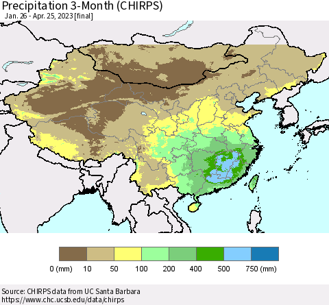 China, Mongolia and Taiwan Precipitation 3-Month (CHIRPS) Thematic Map For 1/26/2023 - 4/25/2023