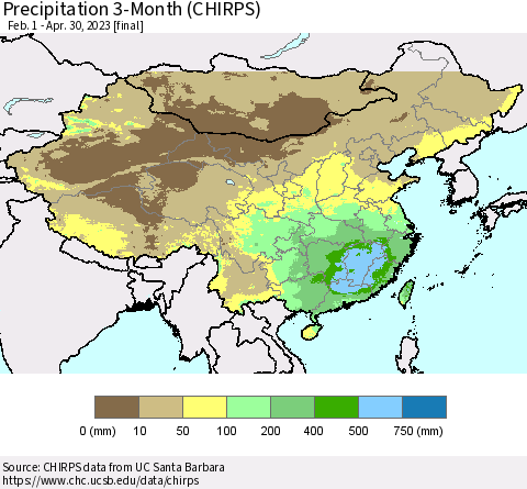 China, Mongolia and Taiwan Precipitation 3-Month (CHIRPS) Thematic Map For 2/1/2023 - 4/30/2023