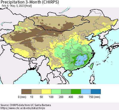 China, Mongolia and Taiwan Precipitation 3-Month (CHIRPS) Thematic Map For 2/6/2023 - 5/5/2023