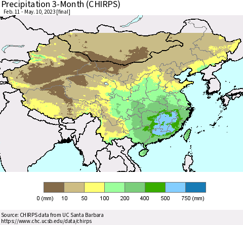 China, Mongolia and Taiwan Precipitation 3-Month (CHIRPS) Thematic Map For 2/11/2023 - 5/10/2023