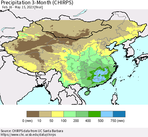 China, Mongolia and Taiwan Precipitation 3-Month (CHIRPS) Thematic Map For 2/16/2023 - 5/15/2023
