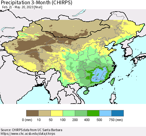 China, Mongolia and Taiwan Precipitation 3-Month (CHIRPS) Thematic Map For 2/21/2023 - 5/20/2023
