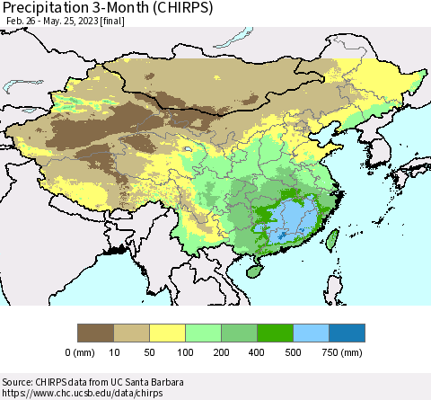 China, Mongolia and Taiwan Precipitation 3-Month (CHIRPS) Thematic Map For 2/26/2023 - 5/25/2023