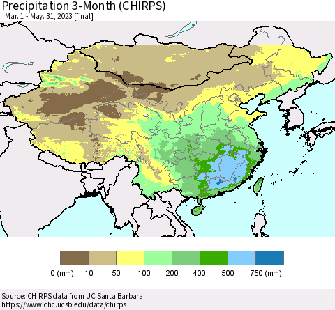 China, Mongolia and Taiwan Precipitation 3-Month (CHIRPS) Thematic Map For 3/1/2023 - 5/31/2023