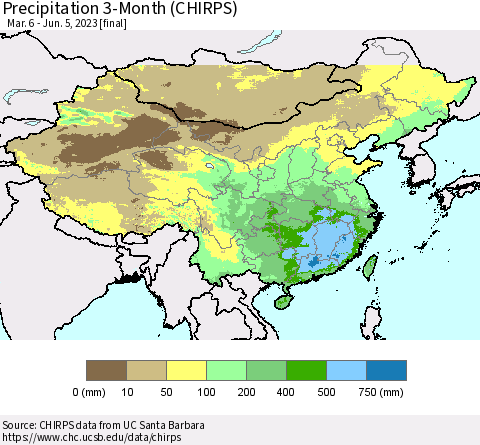 China, Mongolia and Taiwan Precipitation 3-Month (CHIRPS) Thematic Map For 3/6/2023 - 6/5/2023