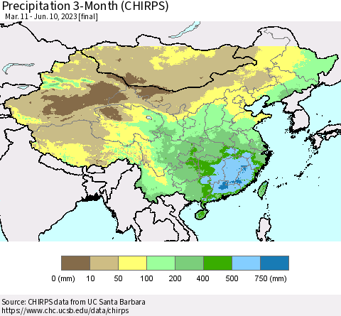 China, Mongolia and Taiwan Precipitation 3-Month (CHIRPS) Thematic Map For 3/11/2023 - 6/10/2023