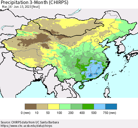 China, Mongolia and Taiwan Precipitation 3-Month (CHIRPS) Thematic Map For 3/16/2023 - 6/15/2023