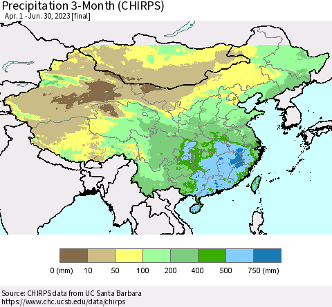 China, Mongolia and Taiwan Precipitation 3-Month (CHIRPS) Thematic Map For 4/1/2023 - 6/30/2023