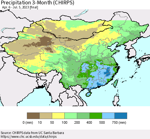 China, Mongolia and Taiwan Precipitation 3-Month (CHIRPS) Thematic Map For 4/6/2023 - 7/5/2023