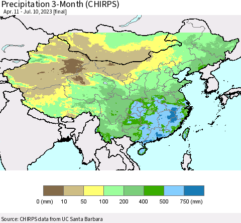 China, Mongolia and Taiwan Precipitation 3-Month (CHIRPS) Thematic Map For 4/11/2023 - 7/10/2023