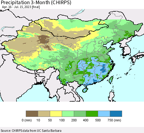 China, Mongolia and Taiwan Precipitation 3-Month (CHIRPS) Thematic Map For 4/16/2023 - 7/15/2023