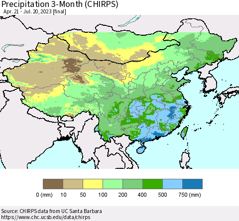 China, Mongolia and Taiwan Precipitation 3-Month (CHIRPS) Thematic Map For 4/21/2023 - 7/20/2023