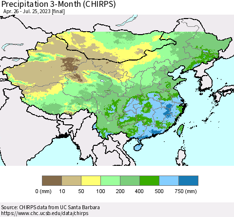 China, Mongolia and Taiwan Precipitation 3-Month (CHIRPS) Thematic Map For 4/26/2023 - 7/25/2023
