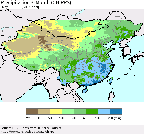 China, Mongolia and Taiwan Precipitation 3-Month (CHIRPS) Thematic Map For 5/1/2023 - 7/31/2023