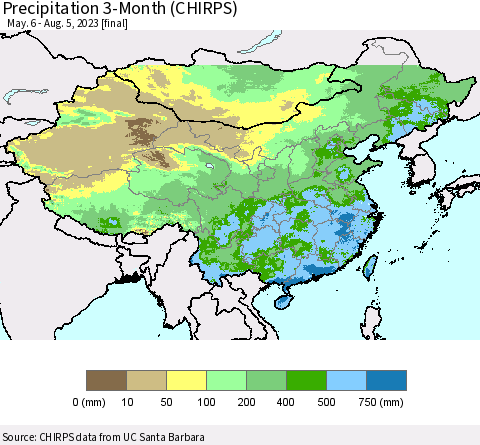 China, Mongolia and Taiwan Precipitation 3-Month (CHIRPS) Thematic Map For 5/6/2023 - 8/5/2023