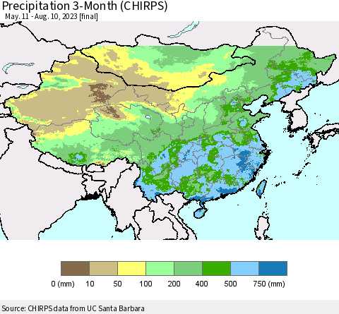 China, Mongolia and Taiwan Precipitation 3-Month (CHIRPS) Thematic Map For 5/11/2023 - 8/10/2023