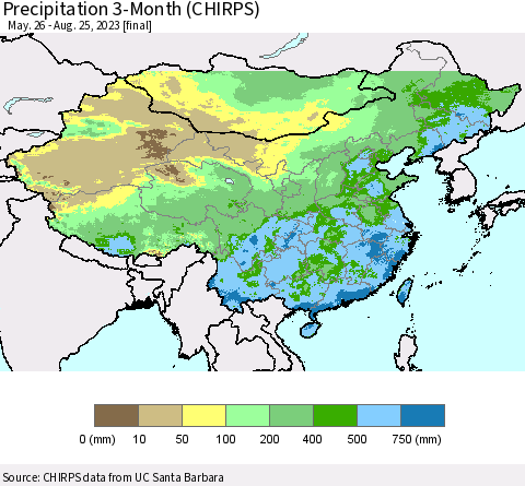 China, Mongolia and Taiwan Precipitation 3-Month (CHIRPS) Thematic Map For 5/26/2023 - 8/25/2023
