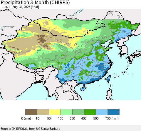 China, Mongolia and Taiwan Precipitation 3-Month (CHIRPS) Thematic Map For 6/1/2023 - 8/31/2023