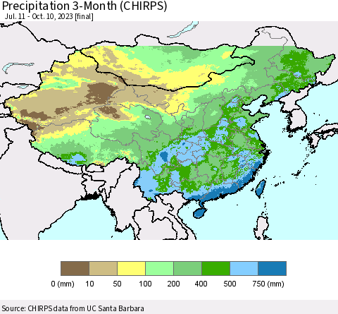 China, Mongolia and Taiwan Precipitation 3-Month (CHIRPS) Thematic Map For 7/11/2023 - 10/10/2023