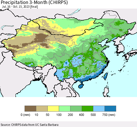 China, Mongolia and Taiwan Precipitation 3-Month (CHIRPS) Thematic Map For 7/16/2023 - 10/15/2023