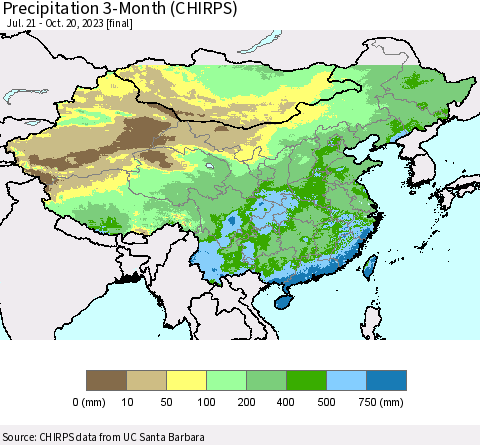 China, Mongolia and Taiwan Precipitation 3-Month (CHIRPS) Thematic Map For 7/21/2023 - 10/20/2023