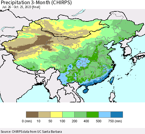 China, Mongolia and Taiwan Precipitation 3-Month (CHIRPS) Thematic Map For 7/26/2023 - 10/25/2023