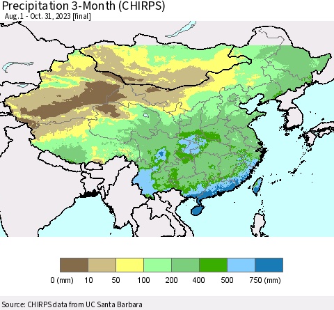 China, Mongolia and Taiwan Precipitation 3-Month (CHIRPS) Thematic Map For 8/1/2023 - 10/31/2023