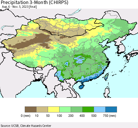 China, Mongolia and Taiwan Precipitation 3-Month (CHIRPS) Thematic Map For 8/6/2023 - 11/5/2023