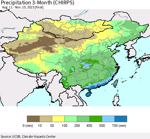 China, Mongolia and Taiwan Precipitation 3-Month (CHIRPS) Thematic Map For 8/11/2023 - 11/10/2023