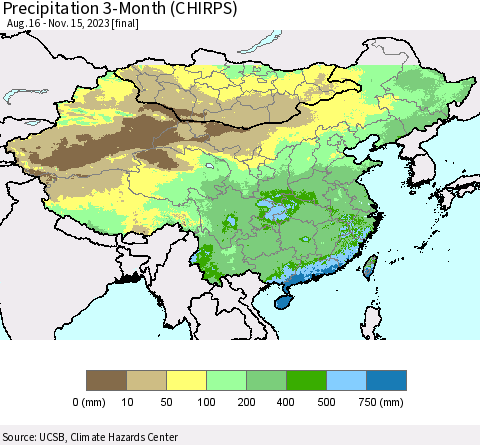 China, Mongolia and Taiwan Precipitation 3-Month (CHIRPS) Thematic Map For 8/16/2023 - 11/15/2023