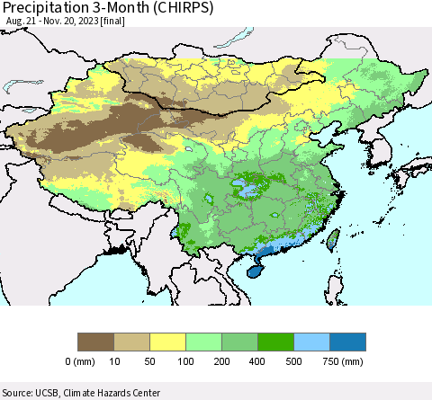 China, Mongolia and Taiwan Precipitation 3-Month (CHIRPS) Thematic Map For 8/21/2023 - 11/20/2023