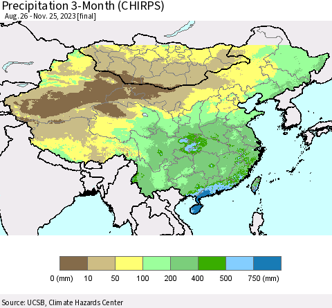 China, Mongolia and Taiwan Precipitation 3-Month (CHIRPS) Thematic Map For 8/26/2023 - 11/25/2023