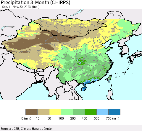 China, Mongolia and Taiwan Precipitation 3-Month (CHIRPS) Thematic Map For 9/1/2023 - 11/30/2023
