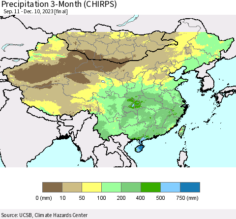China, Mongolia and Taiwan Precipitation 3-Month (CHIRPS) Thematic Map For 9/11/2023 - 12/10/2023