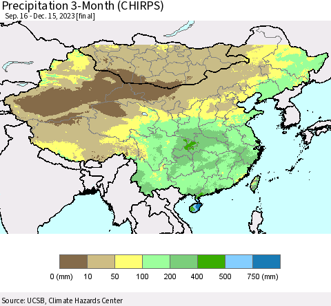 China, Mongolia and Taiwan Precipitation 3-Month (CHIRPS) Thematic Map For 9/16/2023 - 12/15/2023