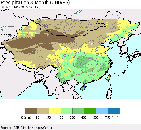 China, Mongolia and Taiwan Precipitation 3-Month (CHIRPS) Thematic Map For 9/21/2023 - 12/20/2023