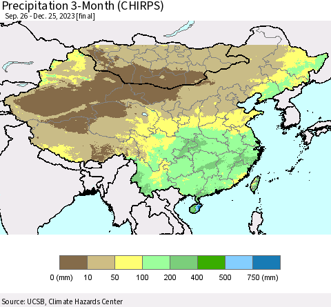 China, Mongolia and Taiwan Precipitation 3-Month (CHIRPS) Thematic Map For 9/26/2023 - 12/25/2023