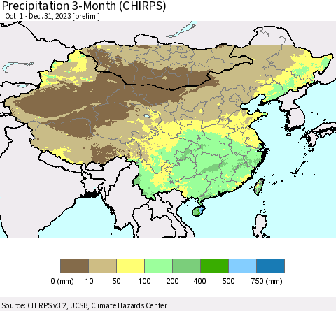China, Mongolia and Taiwan Precipitation 3-Month (CHIRPS) Thematic Map For 10/1/2023 - 12/31/2023