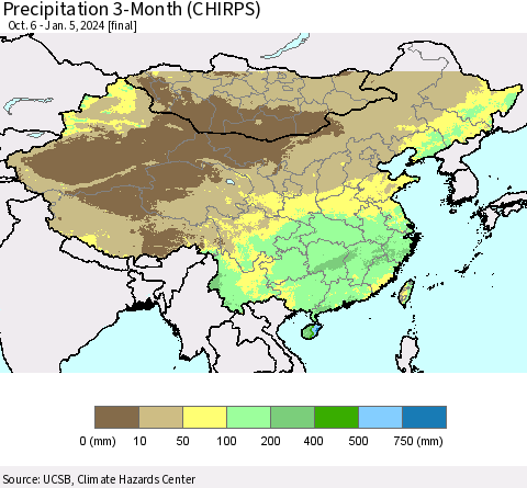 China, Mongolia and Taiwan Precipitation 3-Month (CHIRPS) Thematic Map For 10/6/2023 - 1/5/2024