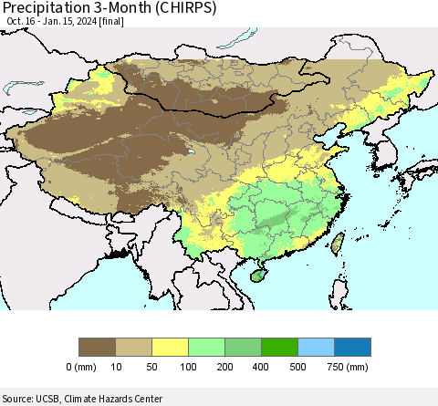 China, Mongolia and Taiwan Precipitation 3-Month (CHIRPS) Thematic Map For 10/16/2023 - 1/15/2024