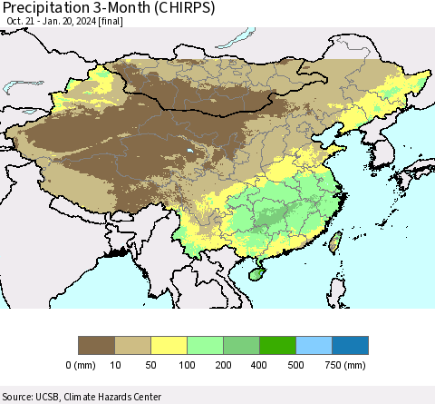 China, Mongolia and Taiwan Precipitation 3-Month (CHIRPS) Thematic Map For 10/21/2023 - 1/20/2024