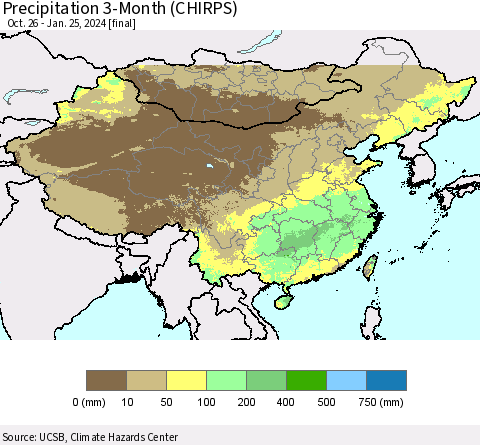 China, Mongolia and Taiwan Precipitation 3-Month (CHIRPS) Thematic Map For 10/26/2023 - 1/25/2024